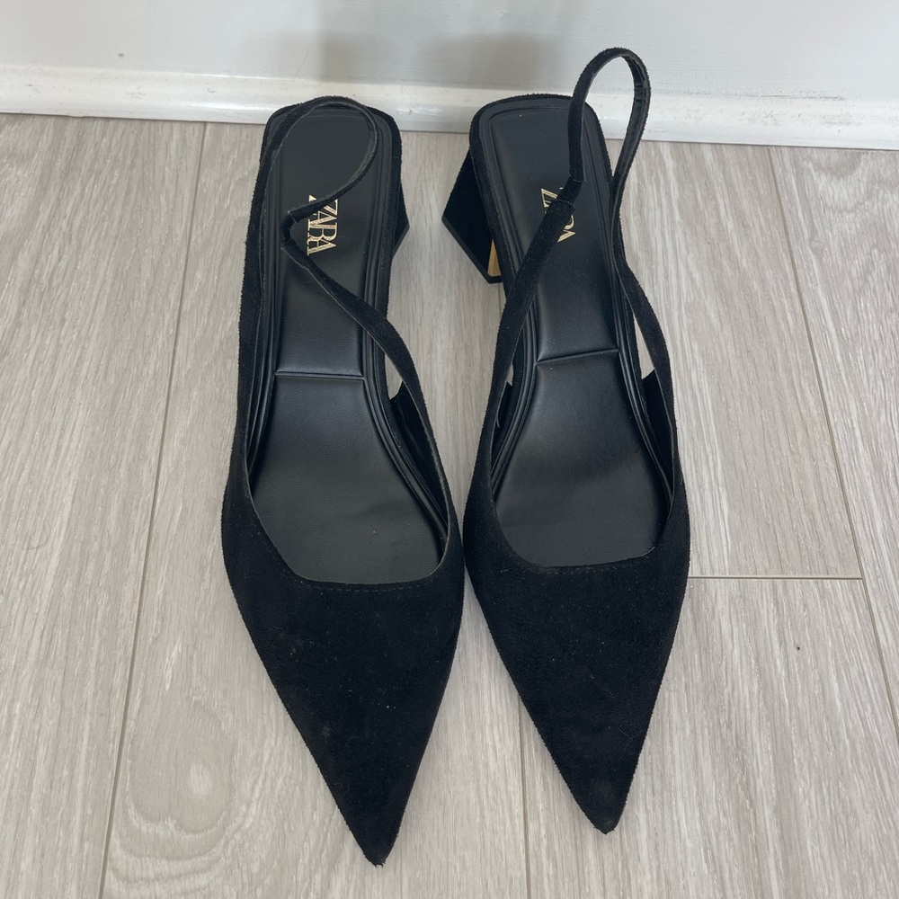 Zara Black Pointed Slingback Block Heel Pumps